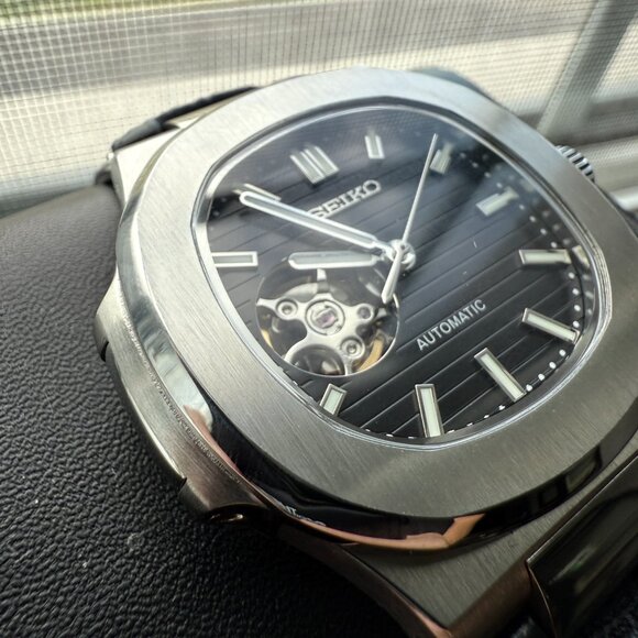 Seiko Mod Custom open heart black luxury leather strap dress watch - Picture 3 of 8